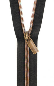 Zipper by the Yard by Sallie Tomato-Black Tape/Antique Gold Coil