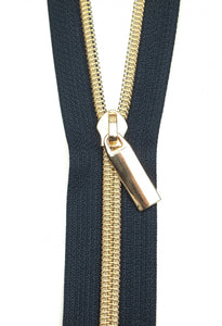 Zipper by the Yard by Sallie Tomato-Navy Tape/Gold Coil
