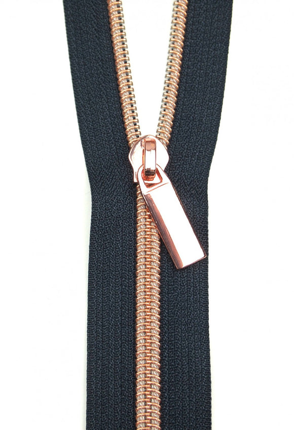 Zipper by the Yard by Sallie Tomato-Navy Tape/Rose Gold Coil