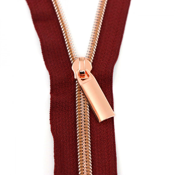 Zipper by the Yard by Sallie Tomato-Burgundy Tape/Rose Gold Coil