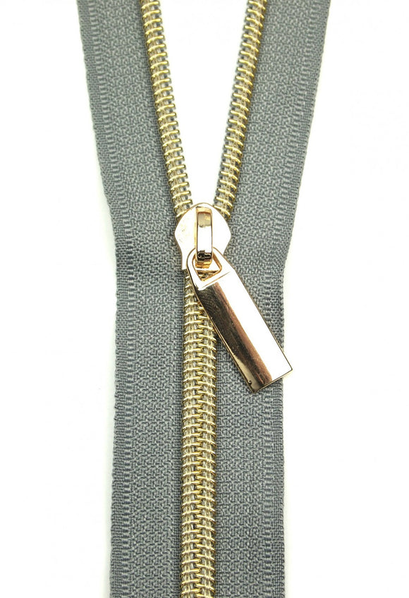 Zipper by the Yard by Sallie Tomato-Grey Tape /Gold Coil