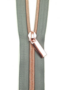 Zipper by the Yard by Sallie Tomato-Grey Tape /Rose Gold Coil