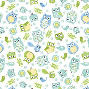 Playhouse Pals by Jessica Flick for Benartex- Turquoise/Lime Owls